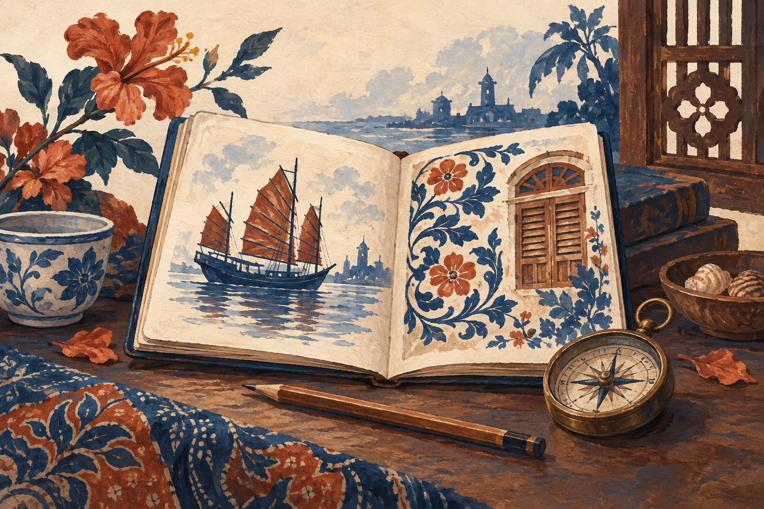 AI conceptual illustration of a travel journal, sailing vessel and decorative window; not an actual museum exhibit